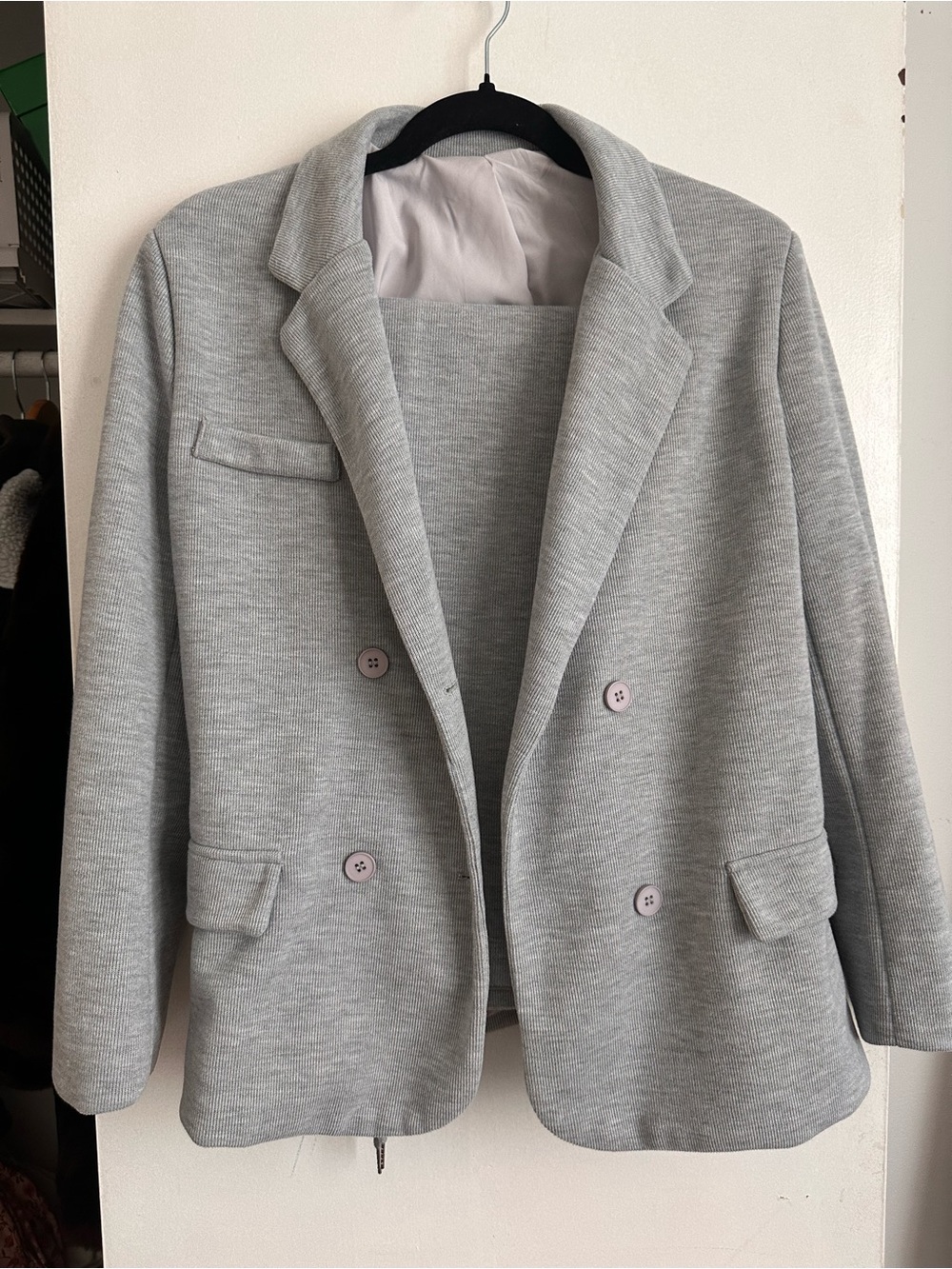 Light Gray Double-Breasted Blazer with matching sweatpants